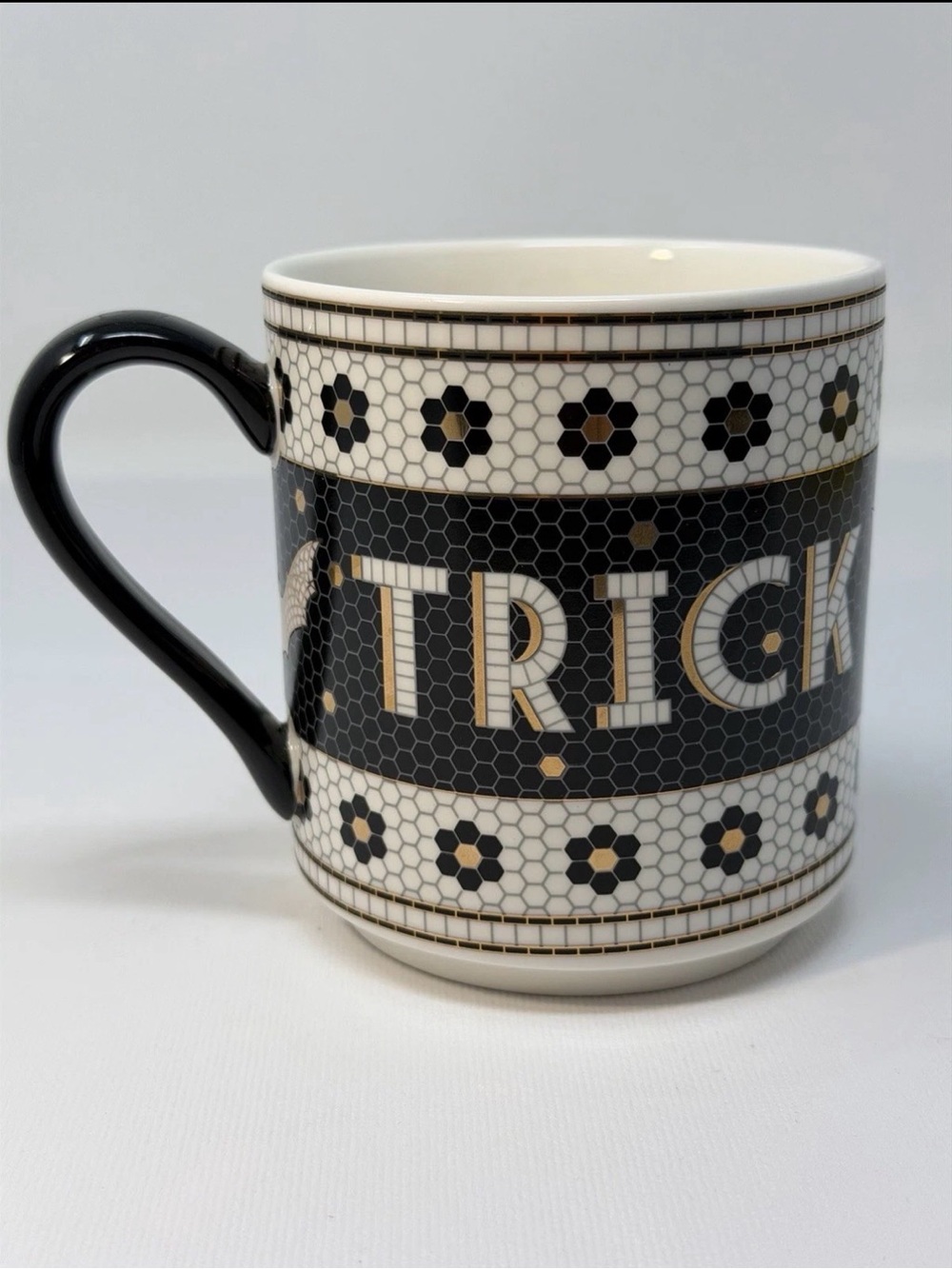 Anthropologie Bistro Tile - Trick or Treat Bat Image Halloween Mug 24K Gold